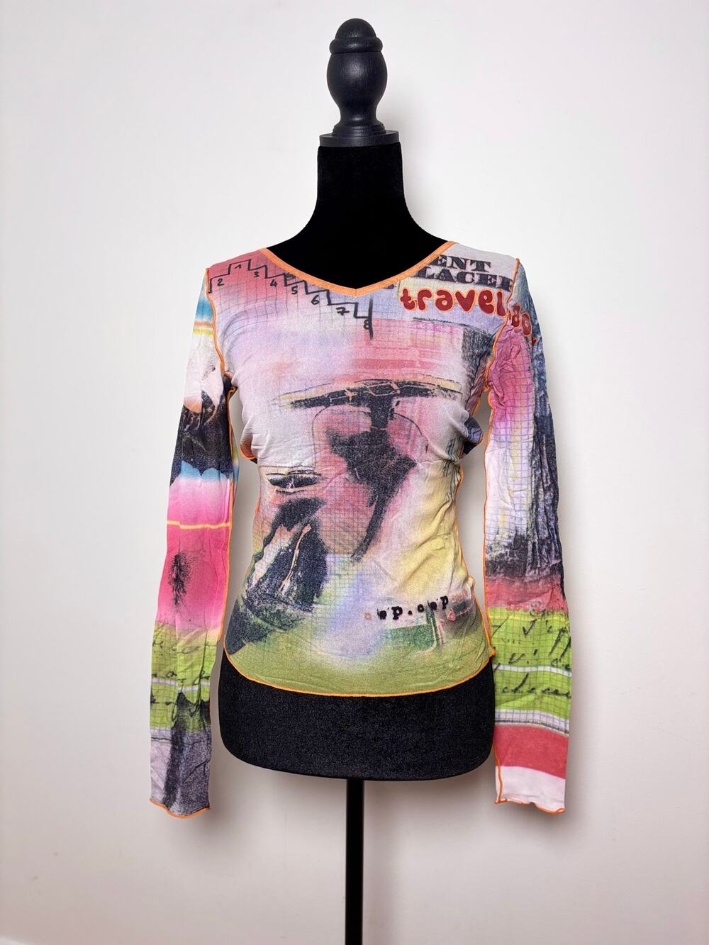 Vtg Y2K Cop Copine Orange Pink Geometric Print Mesh Long Sleeve Graphic Top